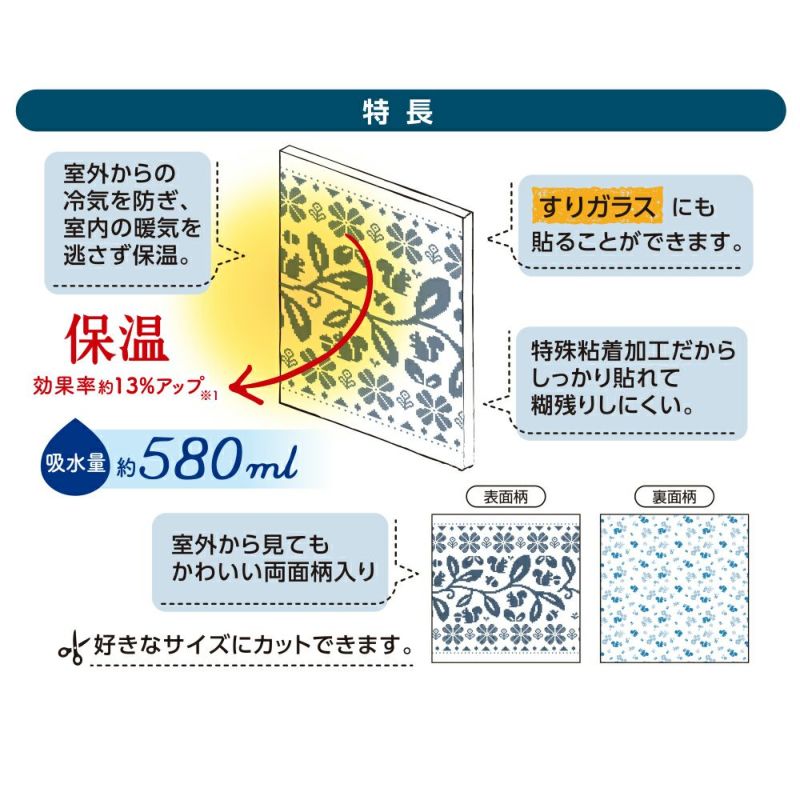 保温効果約13%アップ。素材の繊維構造で屋外からの冷気を断熱し、暖房効率アップ